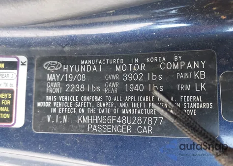 2008 Hyundai Tiburon Gt/Gt Limited/Se z USA, uszkodzony, nr VIN KMHHN66F48U287877